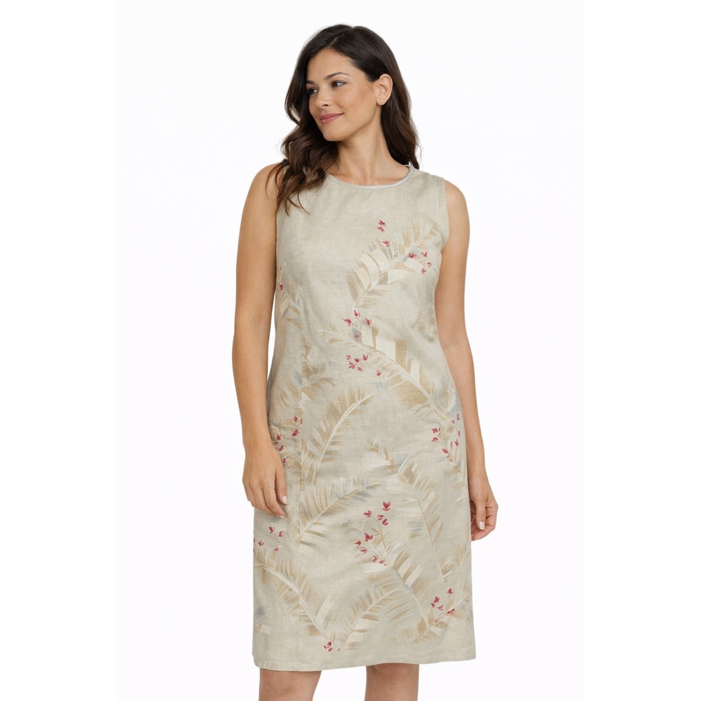 Liz Claiborne Lizsport Linen Dress 6P Petite‎ Sleeveless Tropical Print Business